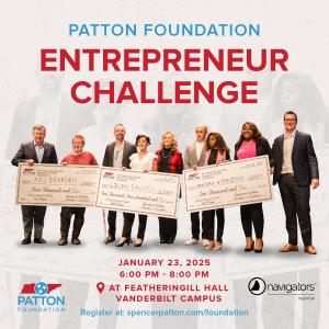 Graphic for upcoming event of winners of The Patton Foundation Entrepreneur Challenge at Austin Peay University in Clarksville TN, on stage holding jumbo checks