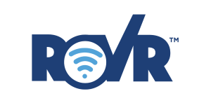 The logo features the word "ROVR" in bold blue letters with a circular WiFi icon in the center of the "O." There is a trademark symbol (™) next to "ROVR." The pronunciation of "ROVR" is "ROVER."