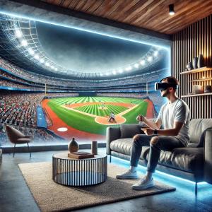 A man wearing a sleek VR headset sits on a modern couch in a cozy living room, which seamlessly blends into a vibrant Major League Baseball stadium. The scene shows the man immersed in the 3D livestream experience, with the baseball field extending direct