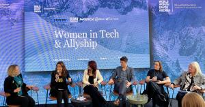 five professional women and one man discussing the importance of allyship in the tech industry during the World Economic Forum in Davos at the World Woman Davos Agenda side event in 2024