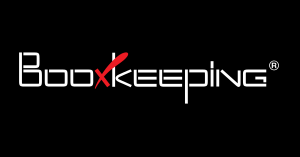 BooXkeeping logo in white text with red checkmark on black background