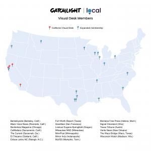 U.S. map with location pins for CatchLight Local Visual Desk member newsrooms