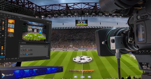 NewBlue Fusion demonstrating a cutting-edge broadcast solution integrated with advanced camera technology, delivering dynamic visuals and immersive live coverage in a soccer stadium.