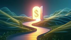 A futuristic pathway leading to an open door with a dollar sign, symbolizing the partnership between Clear Nexus, Chirp, and Totality, driving advancements in online lending.