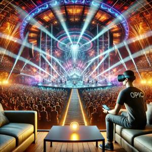 A futuristic and immersive scene showcasing the power of 3D live streaming technology. A musician performs on a vibrant, dynamic concert stage surrounded by bright, colorful lights and an engaged crowd. In the foreground, a fan wearing a sleek VR headset