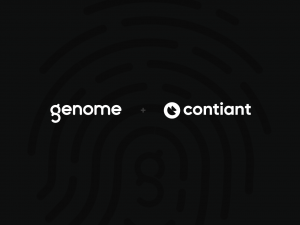 Genome and Contiant logos on a dark background, symbolizing their partnership to provide real-time payment notifications for efficient transaction tracking and risk reduction.