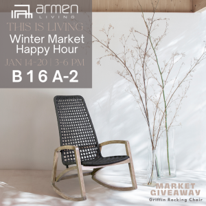 Experience Armen Living's newest outdoor innovations during their This is Living Winter Market Happy Hour, 3-6pm Jan 14 through Jan 20 at America's Mart showroom B1 6 A-2.  And enter our Market Giveaway, where (1) lucky winner will win a Griffin Chair!