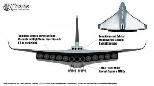 This image shows details of the Titans Spaceplane's triple engine system.