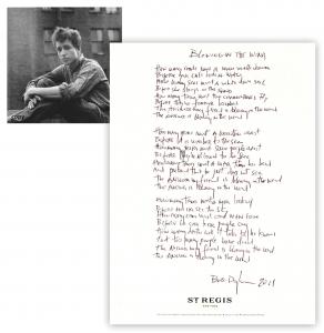 Bob Dylan’s lyrics to Blowing in the Wind, handwritten and signed at New York’s St. Regis Hotel in 2011, accompanied by a COA from Jeff Rosen, his manager (est. $60,000-$70,000).