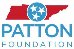 graphic of Tenneessee state in red with three white stars inside blue circle and patton foundation written beneath in blue