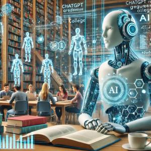 A humanoid robot representing ChatGPT in a library with books & digital screens, studying with human students. Holographic notes float symbolizing OpenAI's role in education. Inspired by the study "Artificial Intelligence in Higher Education" by Dr. Kenneth R. Deans Jr.