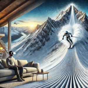 An immersive and futuristic scene showcasing a skier racing down a steep, snow-covered mountain with majestic peaks and snow spray in the background. The mountain slope seamlessly blends into a modern living room, creating the illusion that the skier is e