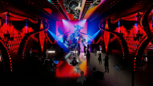 A mesmerizing virtual nightclub scene bathed in vibrant red and blue lighting, featuring a towering holographic figure with horns on a large display screen. The space is decorated with dramatic red spiral structures and draped fabric, while silhouetted av