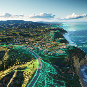 Digital twin visualization of a coastal cityscape with holographic overlays showing roads, buildings, and infrastructure, representing technology for urban planning and disaster management.