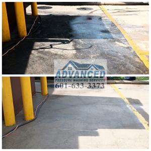 Before and after image showcasing industrial concrete cleaning by Advanced Pressure Washing Services LLC. This photo highlights the dramatic transformation achieved through professional pressure washing in Madison MS, perfect for driveways, sidewalks, and