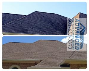 Before and after image showing shingle roof cleaning by Advanced Pressure Washing Services LLC. Using a no-pressure soft washing technique, this service safely removes black streaks, algae, moss, and grime, restoring the roof's appearance without damaging