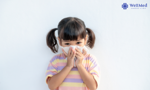 small young girl wearing a facemask