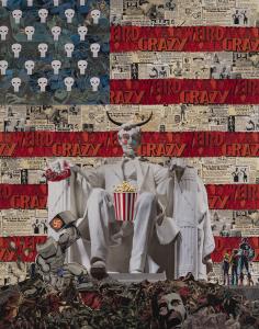 Artwork titled '1/6/21' by Ben Turnbull featuring a reimagined Lincoln Memorial statue. Lincoln is depicted with clown-like makeup, shamanic horns, holding a popcorn bucket on his lap and a crushed Coca-Cola can in his hand. The background merges comic bo