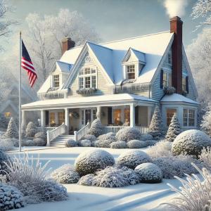 A Cape-style home with snow on the ground and an American flag in the yard.