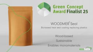 Image describes the look of Ecohelix WOODMER Seal product. It is a coating for flexible packaging, such as pouches, protecting the package from grease, moisture and oxygen.