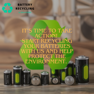 Recycling sign with batteries in the background, meant to encourage battery and electronics recycling.