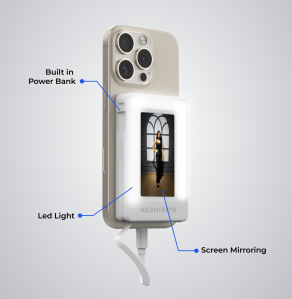 The main features of MagMirror, Screen Mirror, LED Lights, Power Bank