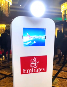 Image shows a photobooth provided by selfiesnapzdubai placed at a corporate event hosted by emirates group Dubai