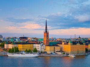 Landscape view of Stockholm with the St Clara's Church at the center and Söderström river