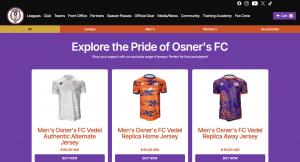 Osner's FC online shop displaying three jerseys for sale: