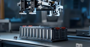 Interior view of Lithium Battery Company's Tampa facility showing automated battery assembly lines producing large-scale energy storage systems for AI data centers, with robotic arms and conveyor systems visible in the climate-controlled manufacturing spa