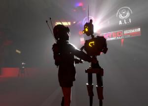 A robot and a Hacker girl stand on the roof surrounded by the police.