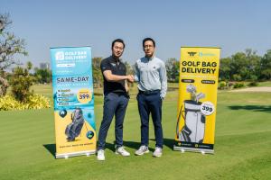 "Executives from AIRPORTELs and Golfdigg shaking hands on a golf course, standing between banners promoting Golf Bag Delivery services with same-day delivery starting at 399 THB."