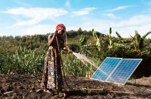 A customer utilizing a solar-powered irrigation system to efficiently water crops, enhancing agricultural productivity with clean energy.