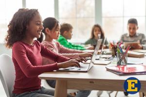 Elementary students using computers for online tutors Euclid City Schools, Blackstone Elementary (Stock Image)