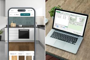 Roomvo room visualization software next to an image of QFloors' business management software.