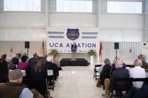 UCA President Houston Davis speaks during groundbreaking ceremony for UCA Aviation Academy..