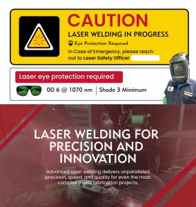 A safety and precision-focused graphic from Atlas Manufacturing, emphasizing laser welding procedures, required protective equipment, and cutting-edge capabilities.