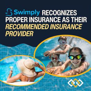 text that reads, "Swimply recognizes Proper Insurance as their recommended insurance provider" with images of people at a pool