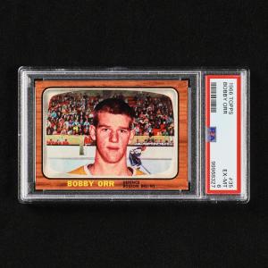 1966 Topps #35 Bobby Orr rookie card, graded PSA 6 EX-MT. The grade describes the card well, with no visible flaws to the field or edges and little corner wear (CA$15,340).