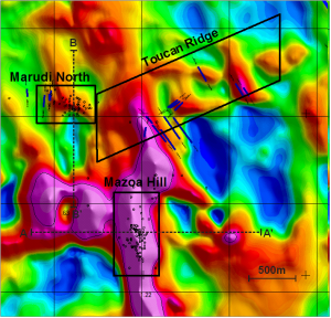 Apparent magnetic susceptibility map of Mazoa Hill, Marudi North occurrences and Toucan Ridge exploration area showing drill hole collars and surface trench location. Magnetic susceptibility highs are shown in purple, red and yellow.