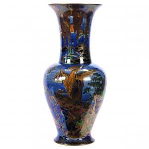 Wedgwood vase marked Fairyland Lustre #Z4968 in the Dragon King pattern, designed by Daisy Makeig-Jones, with cobalt blue ground and gold stencil highlights (est. $10,000-$20,000).