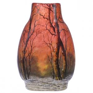 Oval French Cameo and enamel art glass vase by Daum Nancy, with a gorgeous winter scene décor, displaying great form (est. $2,000-$3,500).