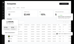 A screenshot of Raziel.vc’s investment dashboard, displaying total investments, portfolio valuation, ROI, and new opportunities. The interface shows detailed investment data, including allocation, valuation, ownership percentage, and real-time portfolio u