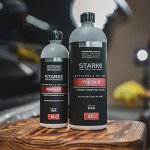 Two bottles of Starke Finish-R Hybrid Finishing Polish, a professional-grade marine polish for gel-coat or paint, available in 16oz and 32oz sizes, displayed on a wooden surface.