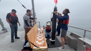 Naval Postgraduate School, Seatrec team performs an early test of the Persistent Smart Acoustic Profiler (PSAP) Voyager off the NOAA R/V Fulmar in Monterey Bay.