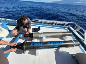 Naval Postgraduate School, Seatrec researchers prepare the Persistent Smart Acoustic Profiler (PSAP) Voyager for initial testing in Monterey Bay.