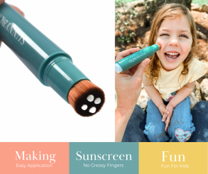 A happy young girl uses a SUNNYBOD refillable sunscreen Applicator for easy, mess-free susncreen application, emphasizing the importance of maintaining a daily sun safety routine from a young age.