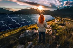 A woman is looking out at a solar array on top of a rocky mountain top with the sun rising on the horizon.