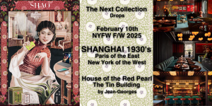 SHAO Fashion Week announcement featuring a vintage-style Chinese advertisement with a woman in red qipao holding modern devices, alongside event details for Shanghai 1930's collection debut at House of the Red Pearl, with interior shots of an opulent Asia