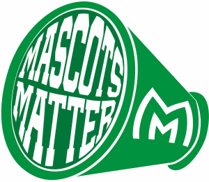 A green megaphone with a stylized letter "M" on the side. Inside the open end of the megaphone, the campaign title "Mascots Matter" is prominently displayed. The design symbolizes advocacy and amplifying voices for change.